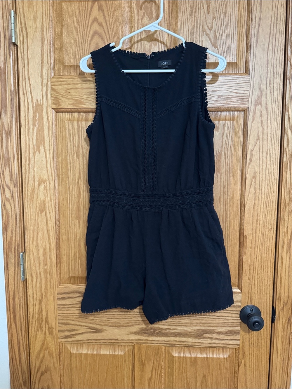 LOFT Black Sleeveless Crochet-Trim Romper